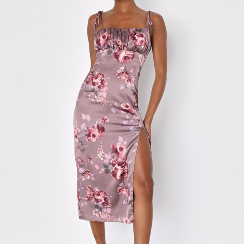 NWT! Lulus Fleur-ty Behavior Mauve Floral Satin Tie-strap Midi Dress Purple - Picture 4 of 4